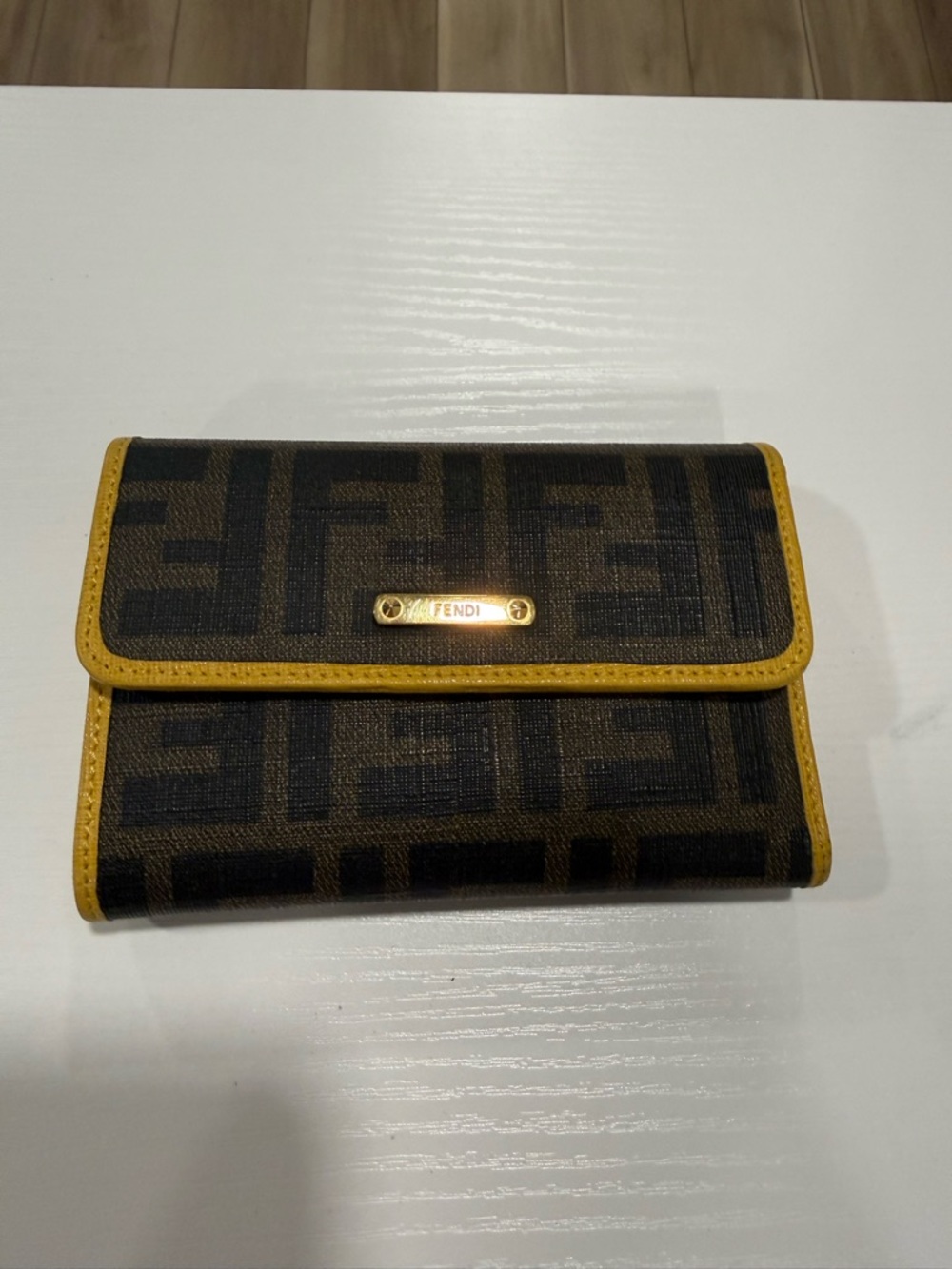 Fendi Brown Zucca Canvas Wallet with Yellow Trim